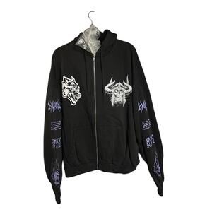 Black Graphic Zip-Up Hoodie with Wolf and Skull Designs